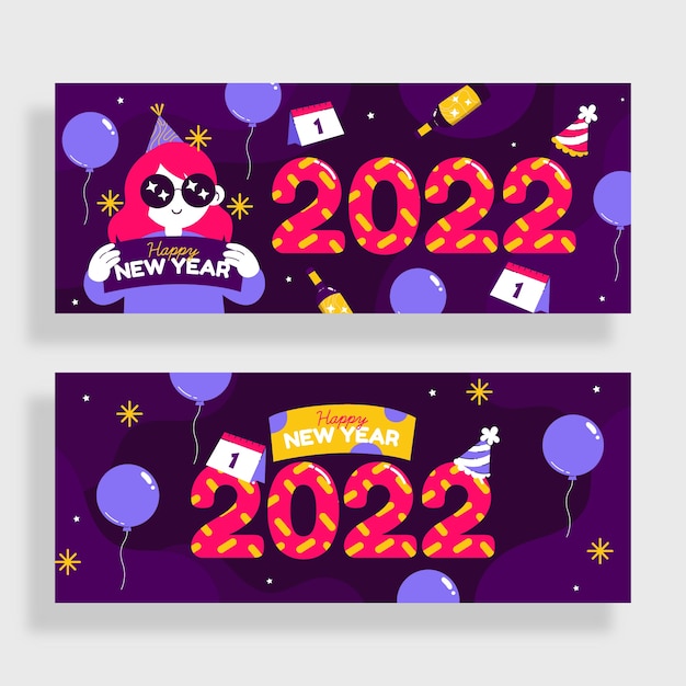 Banner orizzontale piatto felice anno nuovo 2022 disegnato a mano