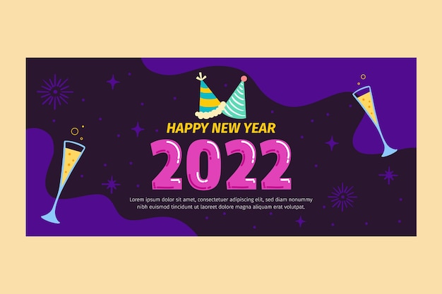 Banner orizzontale piatto felice anno nuovo 2022 disegnato a mano