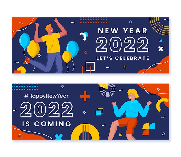 Hand drawn flat happy new year 2022 horizontal banners set