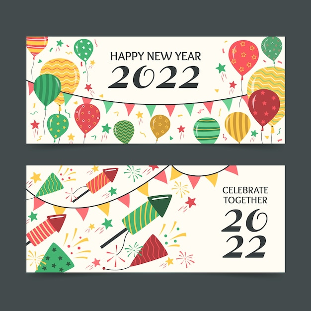 Hand drawn flat happy new year 2022 horizontal banners set