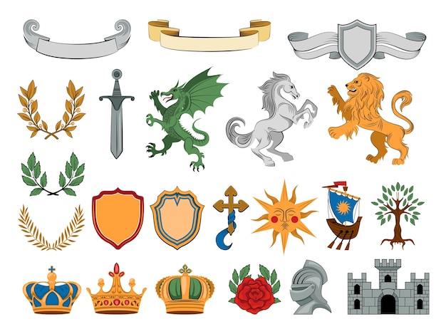 Hand drawn flat heraldic badge elements set collection