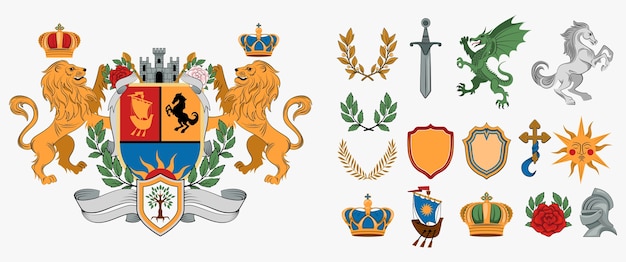 Hand drawn flat heraldic badge icons with illustration set