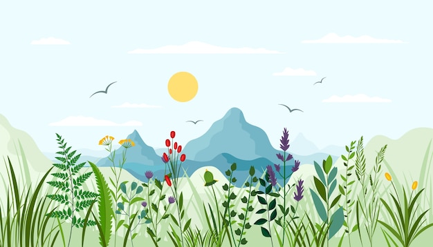 hand drawn flat herbs and grasses composition