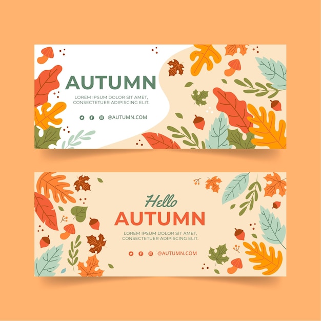 Vector hand drawn flat horizontal autumn banners set