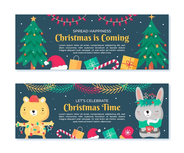 Vector hand drawn flat horizontal christmas banners set