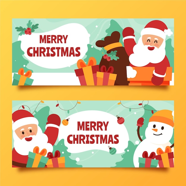 Vector hand drawn flat horizontal christmas banners set