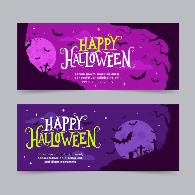 Set di banner di halloween piatto orizzontale disegnato a mano