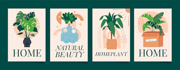 Hand drawn flat house plants cards collection with decorative indoor plants at home