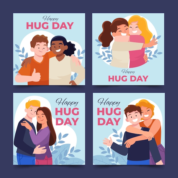 Vector hand drawn flat hug day instagram posts collection