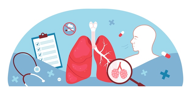 벡터 수작업으로 그려진 평평한 인간 신체 구성 배경에 폐와 의료 요소가 있습니다.