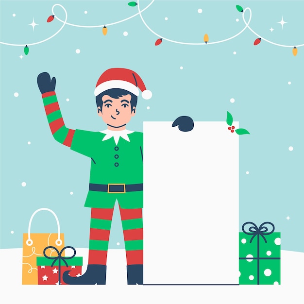 Vector hand drawn flat illustration of christmas character holding blank banner