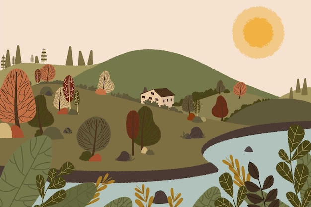 Vector hand drawn flat illustration of landscape