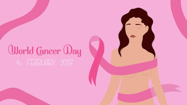 Hand drawn flat, international world cancer's day against pink ribbon - pink background