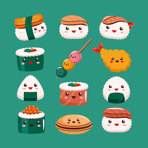 Vector hand drawn flat japanese foods kawaii