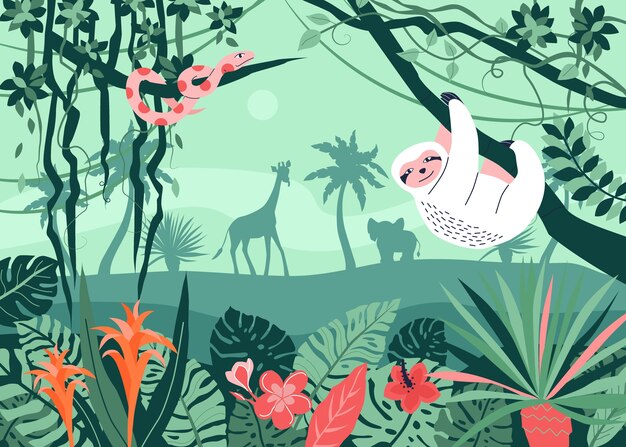 Vector hand drawn flat jungle background with wild animals and leaves