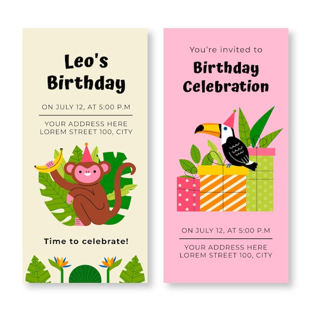 Vector hand drawn flat jungle birthday party banner set