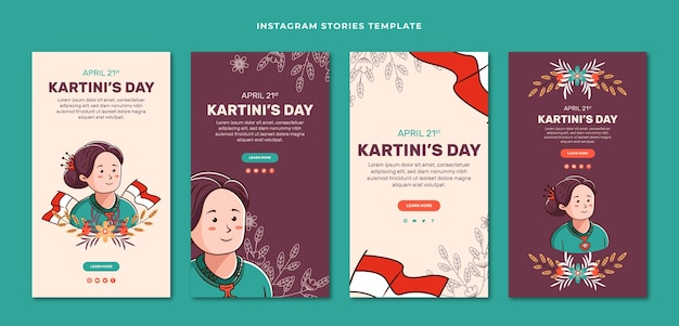 Hand drawn flat kartini day instagram stories collection