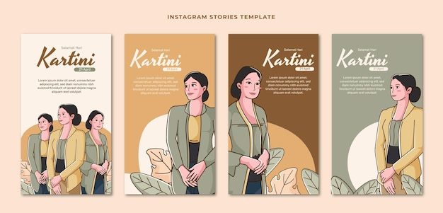 Vettore collezione di storie di instagram del giorno del kartini piatto disegnato a mano