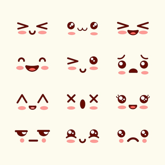 Vector hand drawn flat kawaii face collection