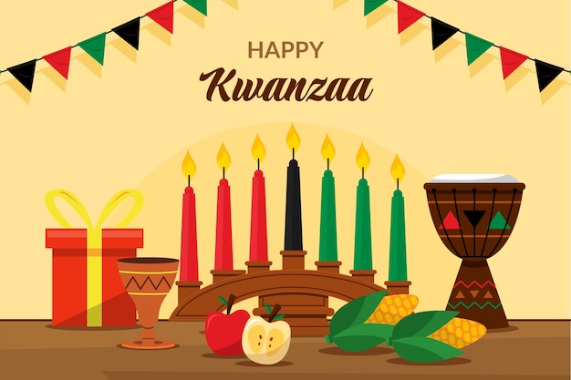 벡터 손으로 그린 평면 kwanzaa 가로 배너손으로 그려진 된 평면 kwanzaa 배경