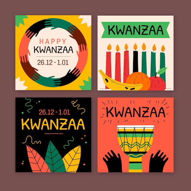 손으로 그린 평면 Kwanzaa 인스 타 그램 게시물 모음