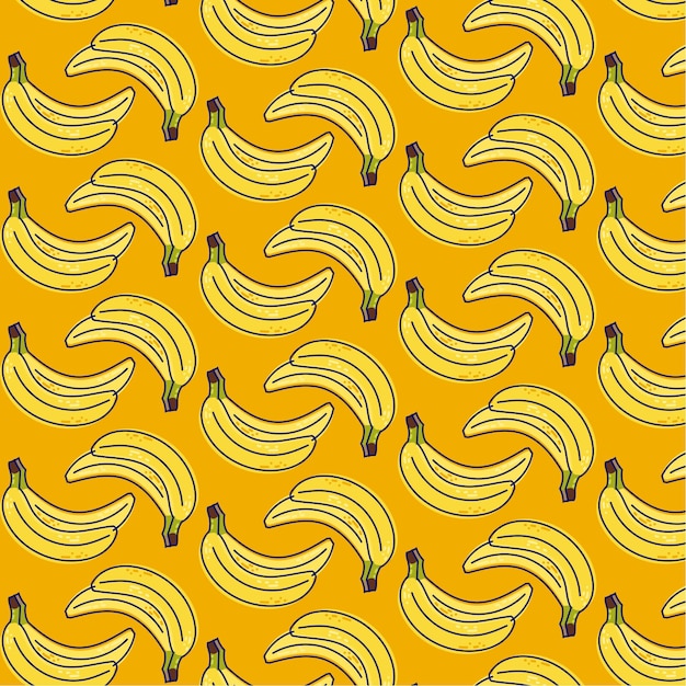 手描きのフラット ライン パターン バナナ束黄色の背景に分離された果物トロピカル フードおいしいイラスト デザインのベクトル図