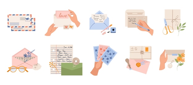 Vector hand drawn flat mail element set collection