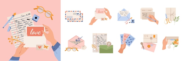 Vector hand drawn flat mail icons with illustration set collection