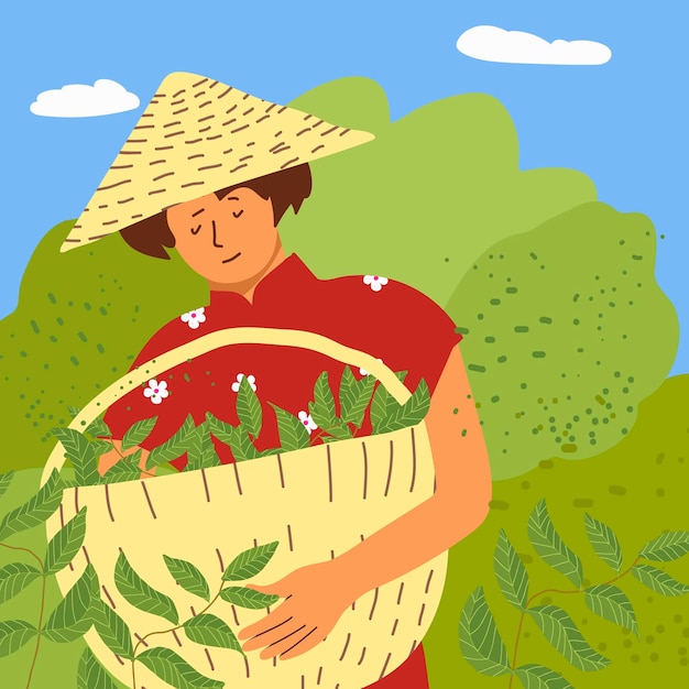 Vector hand drawn flat matcha tea composition with a woman collecting tea