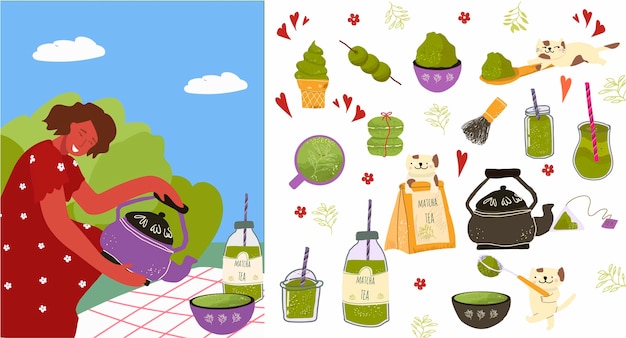 Ручно нарисованные плоские иконы чая матча с иллюстрациями