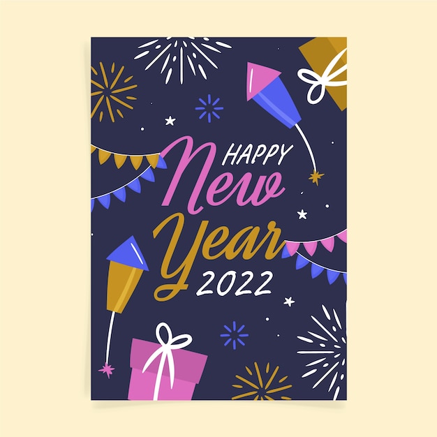 Vector hand drawn flat new year greeting card template