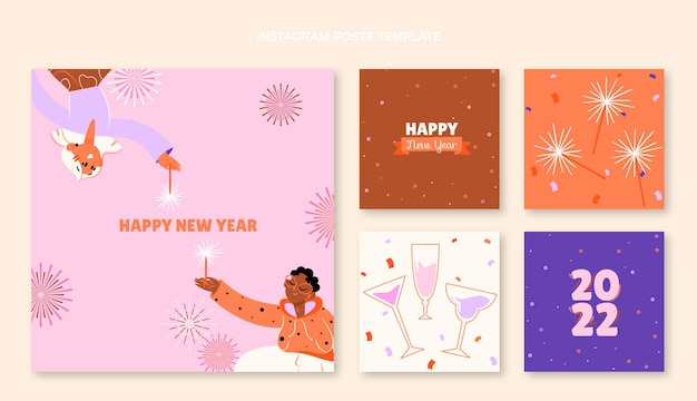 Hand drawn flat new year instagram posts collection