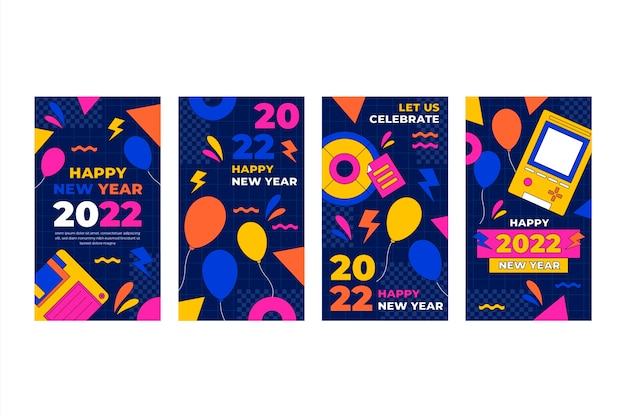 Vector hand drawn flat new year instagram stories collection