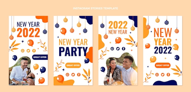 Vector hand drawn flat new year instagram stories collection