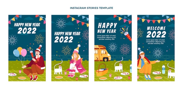 Vector hand drawn flat new year instagram stories collection