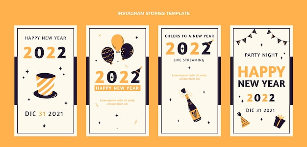 Vector hand drawn flat new year instagram stories collection