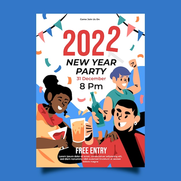 Vector hand drawn flat new year party flyer template