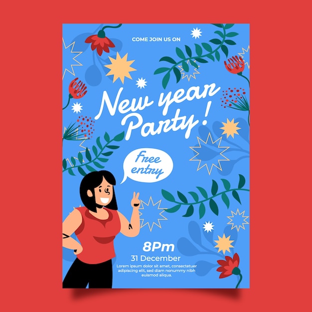 Hand drawn flat new year party flyer template