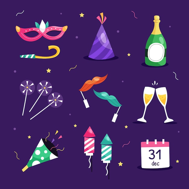 Vector hand drawn flat new year's eve elements collection