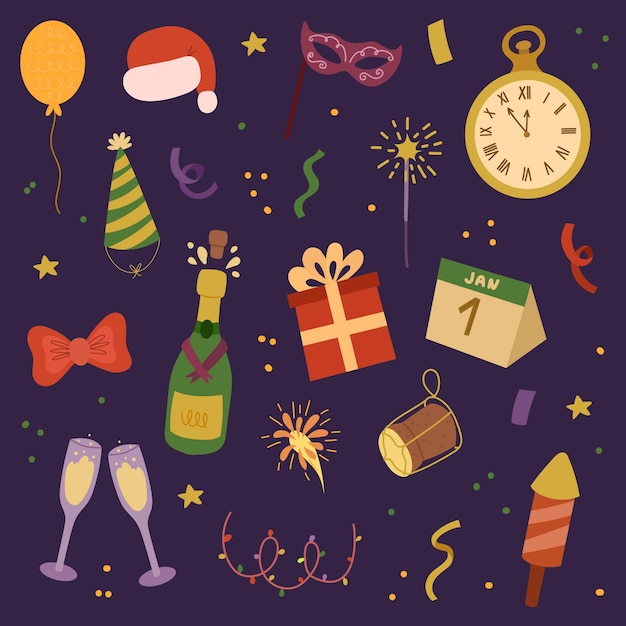 hand drawn flat new year's eve elements collection