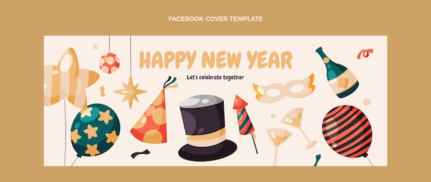 Vettore modello di copertina per social media piatto di capodanno disegnato a mano