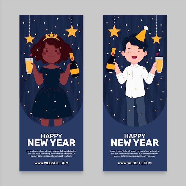 Vector hand drawn flat new year vertical banners set