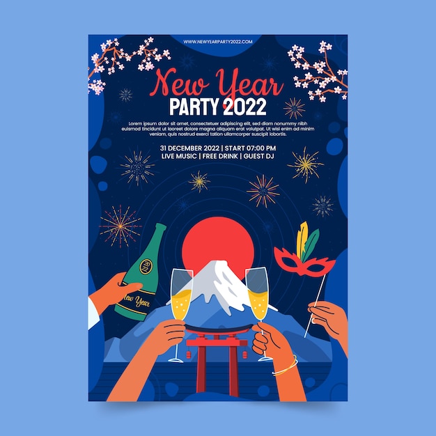 Hand drawn flat new year vertical party flyer template