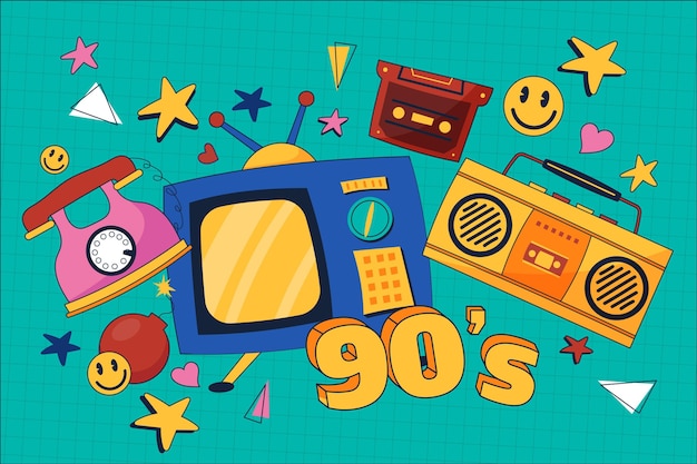 Vector hand drawn flat nostalgic 90's background