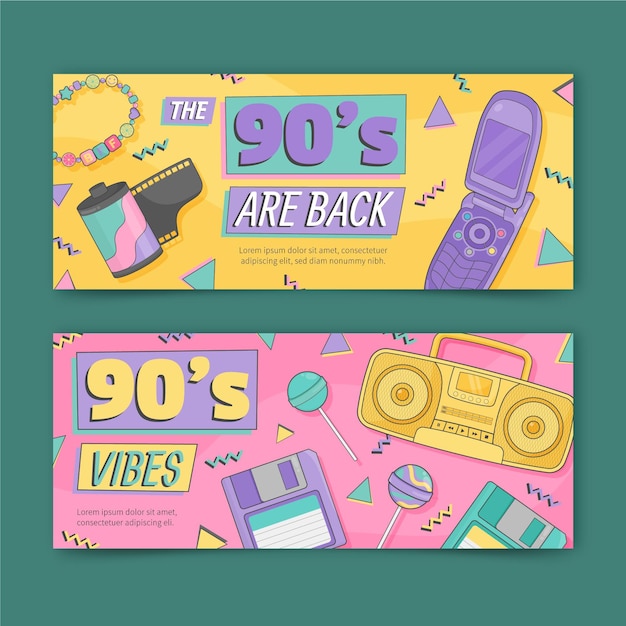 Vettore set di banner nostalgici piatti disegnati a mano degli anni '90