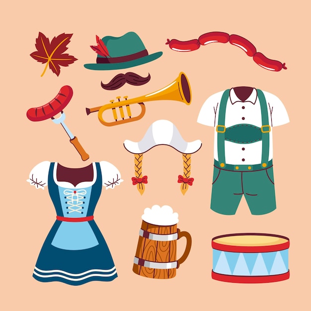 Hand drawn flat oktoberfest element collection