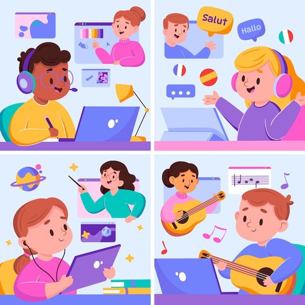 Hand drawn flat online education square illustration set