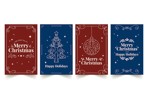 Vector hand drawn flat ornamental christmas cards collection