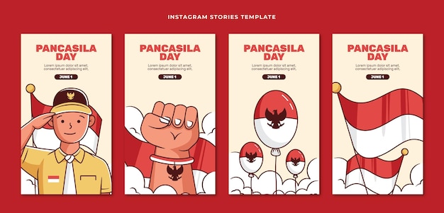 Collezione di storie di instagram di giorno di pancasila piatto disegnato a mano