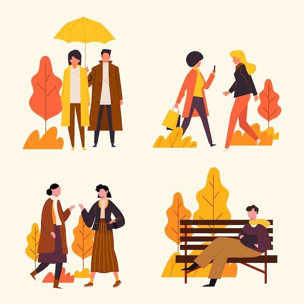 Vector hand drawn flat people in autumn set